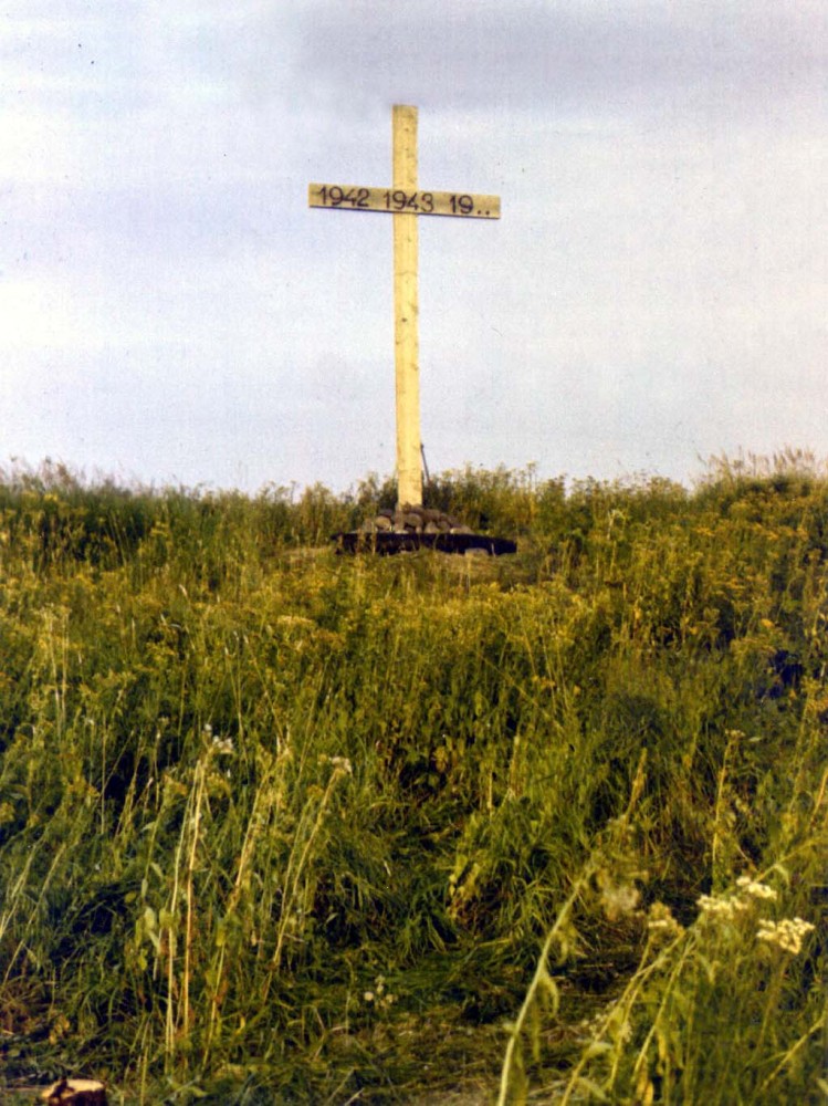 Номер фотографии 1 : Памятный крест : 110 км севернее города, на правом берегу Енисея напротив острова Агапитовский : фотограф И. Кнагис